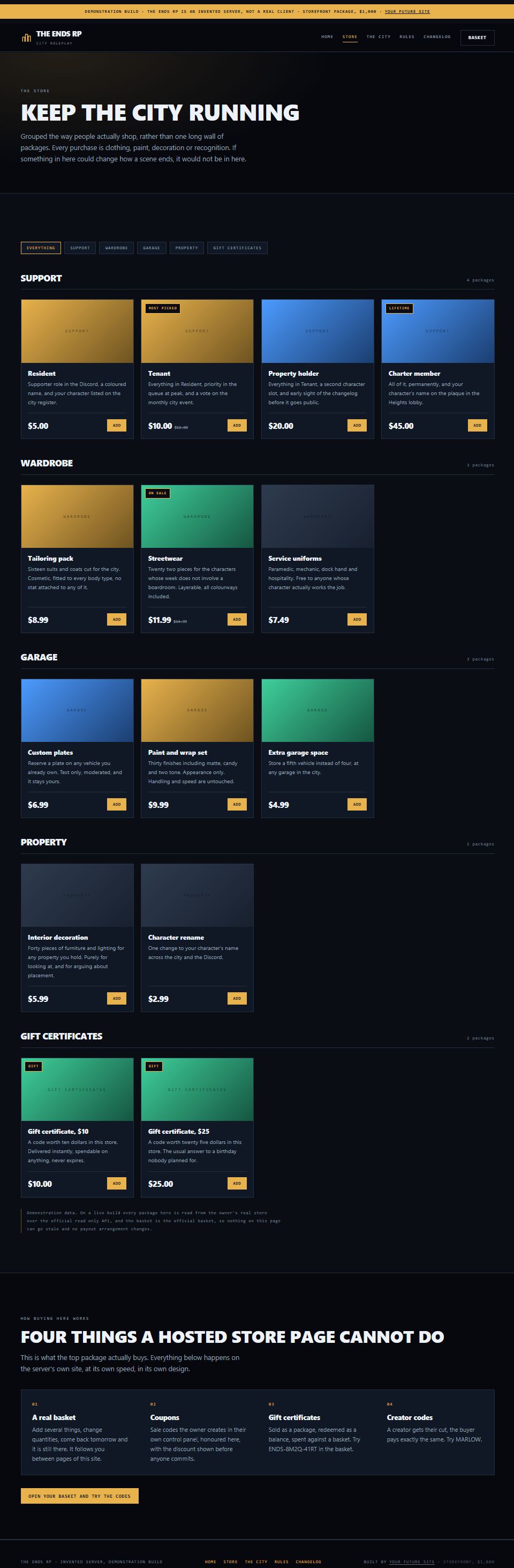The whole The Ends RP storefront on the server's own site, top to bottom: the same fourteen packages, each with its own artwork, description and price.