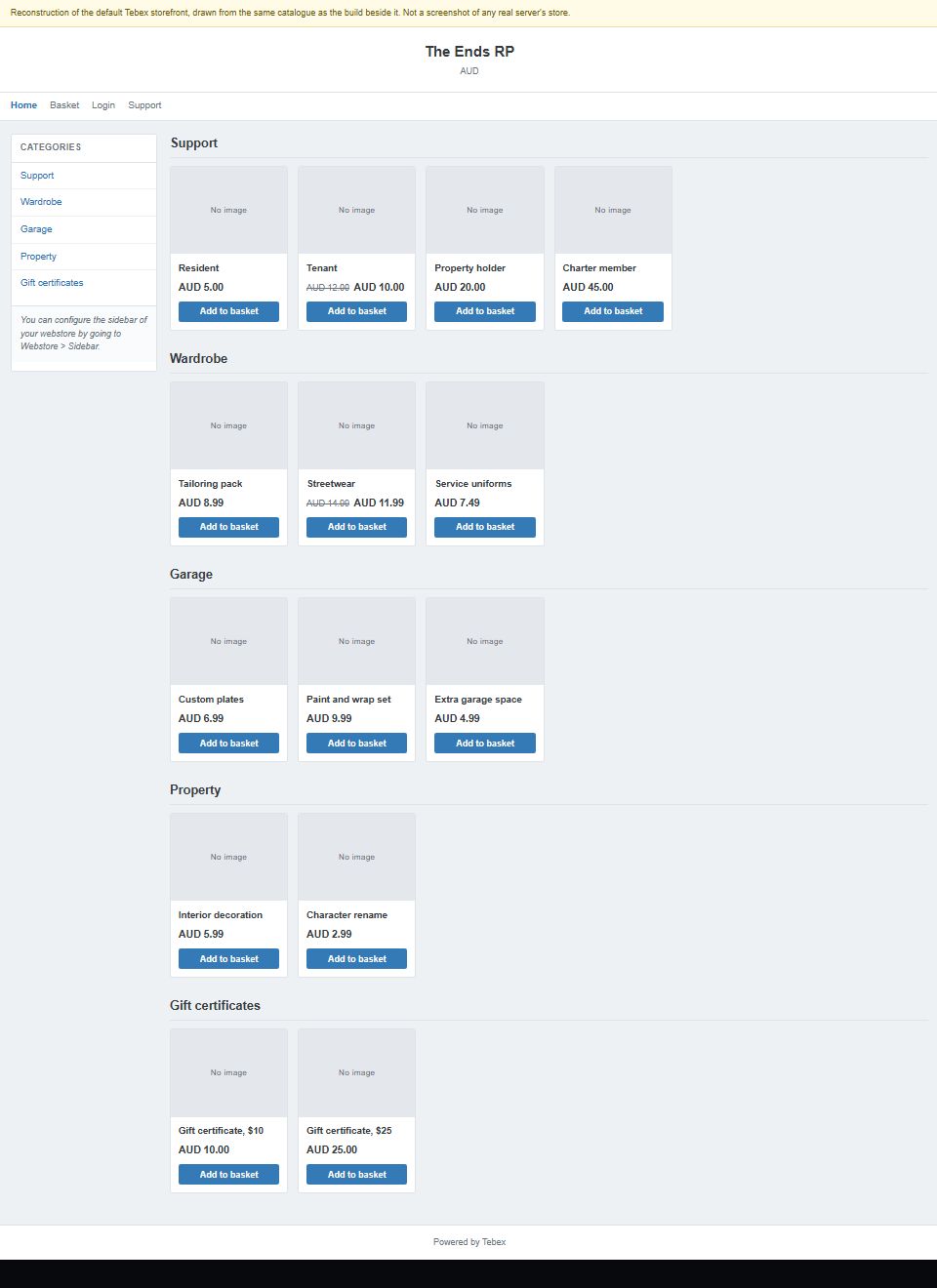 The whole untouched Tebex storefront for The Ends RP, top to bottom: the same fourteen packages as identical grey tiles under plain headings.