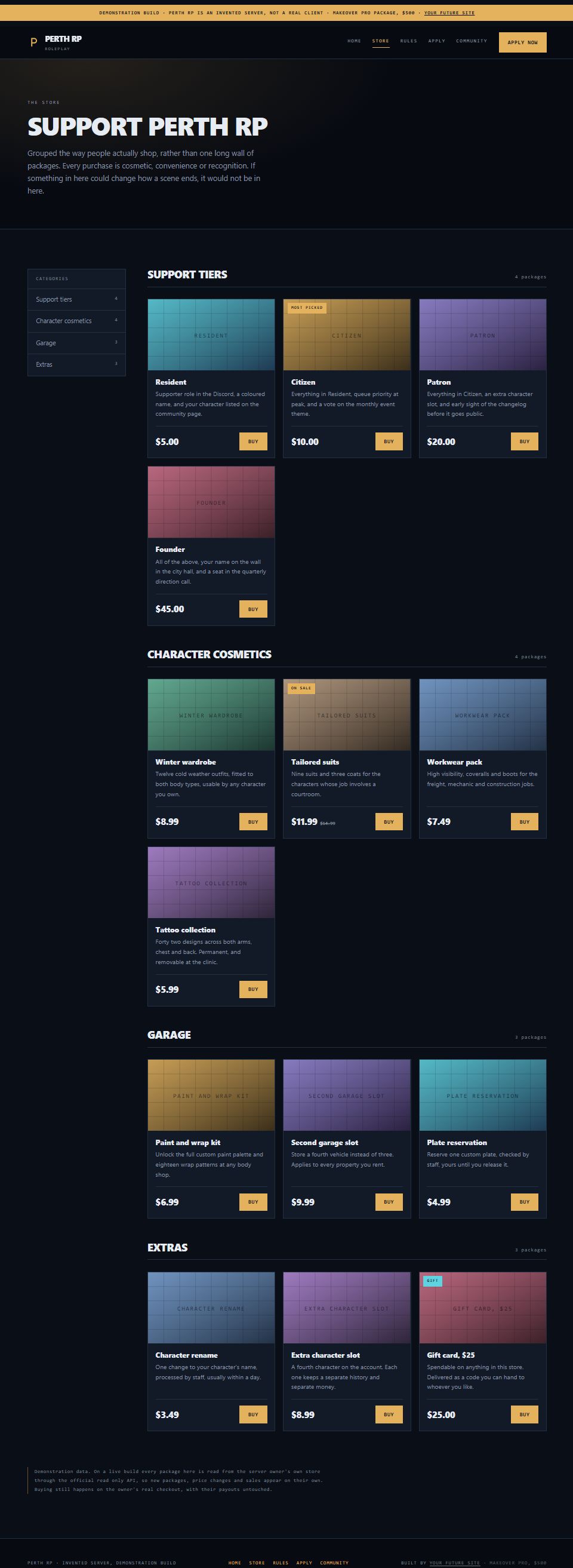The whole Perth RP store page on the server's own site, top to bottom: the same fourteen packages, each with its own artwork, description and price.
