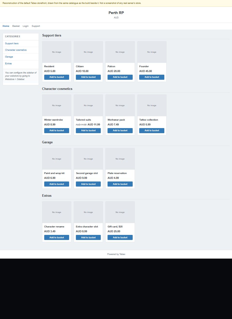 The whole untouched Tebex store page for Perth RP, top to bottom: the same fourteen packages as identical grey tiles under plain headings.