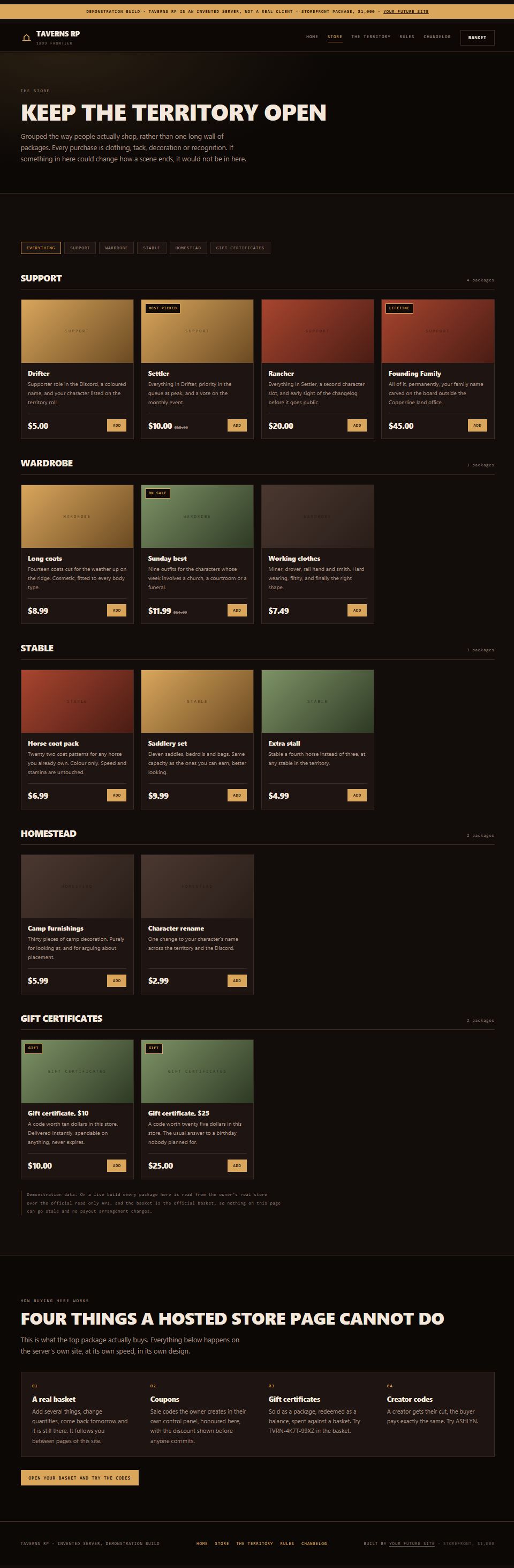 The whole Taverns RP storefront on the server's own site, top to bottom: the same fourteen packages, each with its own artwork, description and price.